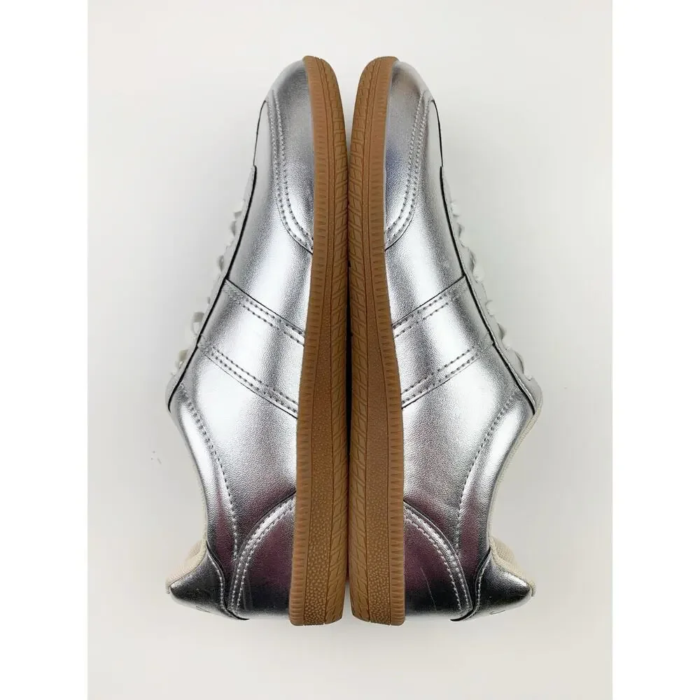 J Crew Field Sneakers Metallic Silver Faux Leather Women's 9 Extra Wide Casual